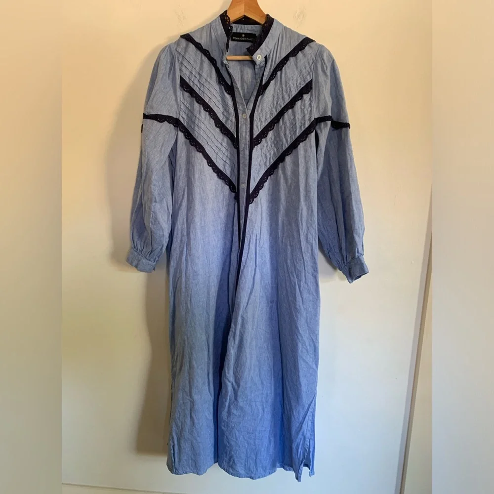 Pomander Place Tuckernuck Blue Linen Blend Lace Trim Maxi Shirt Dress S